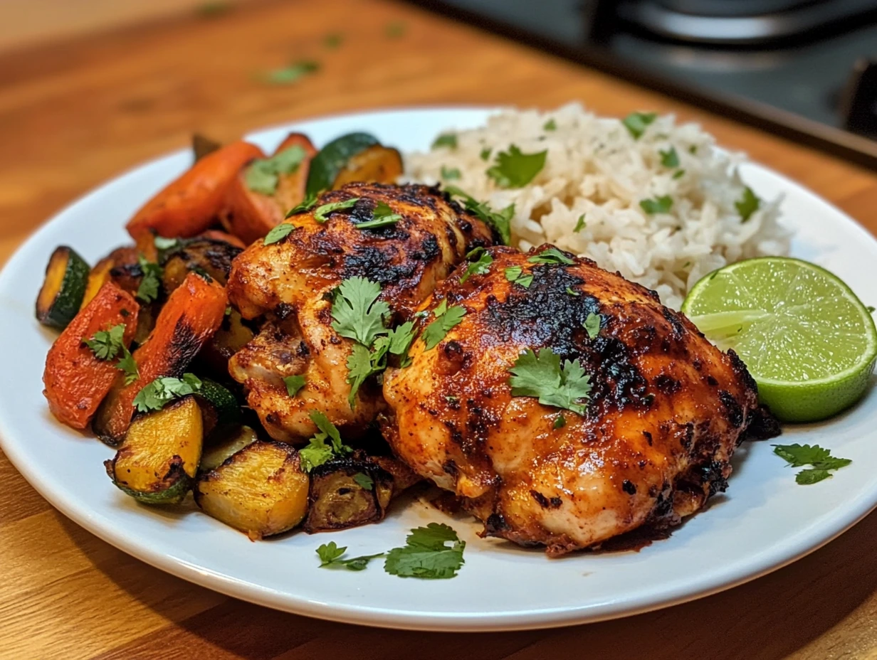 Homemade baked adobado chicken with rice and vegetables.