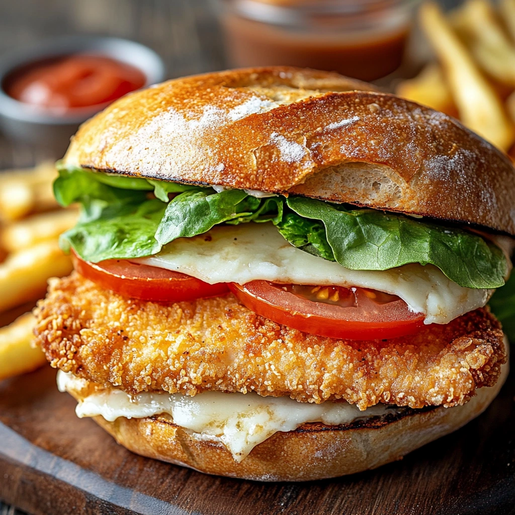 homemade chicken cutlet sandwich with crispy breaded chicken, fresh lettuce, sliced tomatoes, melted cheese, and a toasted brioche bun