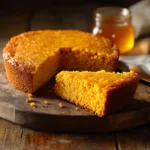 Golden-brown sweet potato cornbread topped with a pat of butter, placed on a wooden board with a drizzle of honey nearby