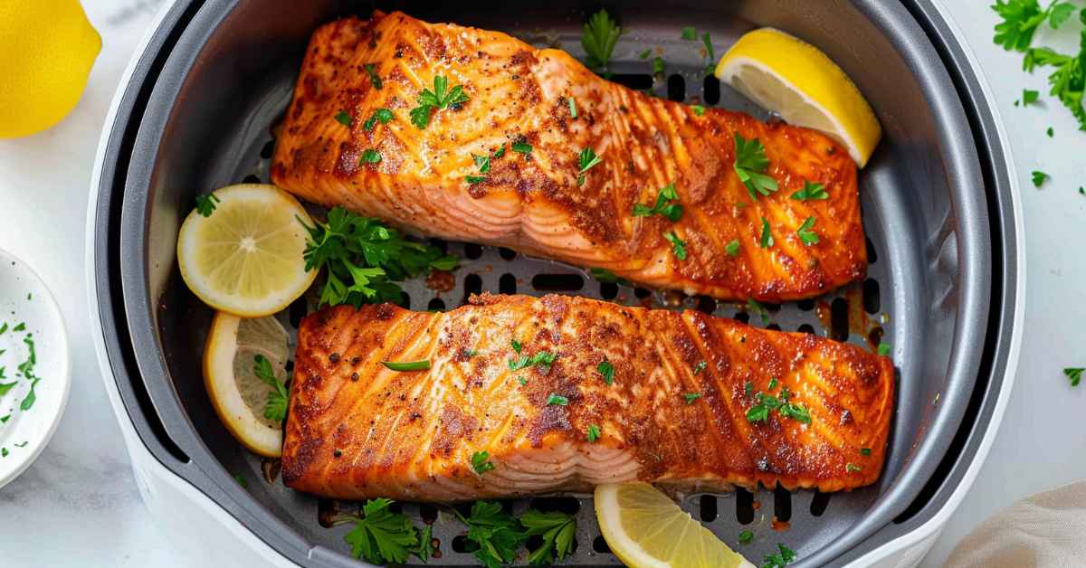 Two perfectly cooked salmon fillets in an air fryer basket, garnished with fresh parsley and lemon slices